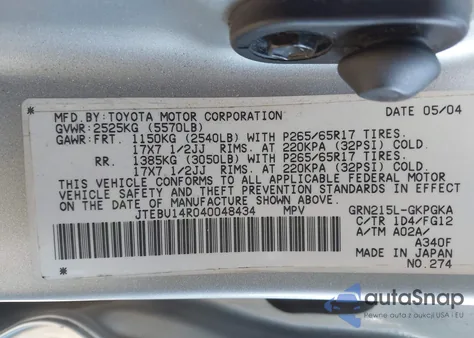 2004 Toyota 4Runner Sr5/Sport z USA, uszkodzony, nr VIN JTEBU14R040048434